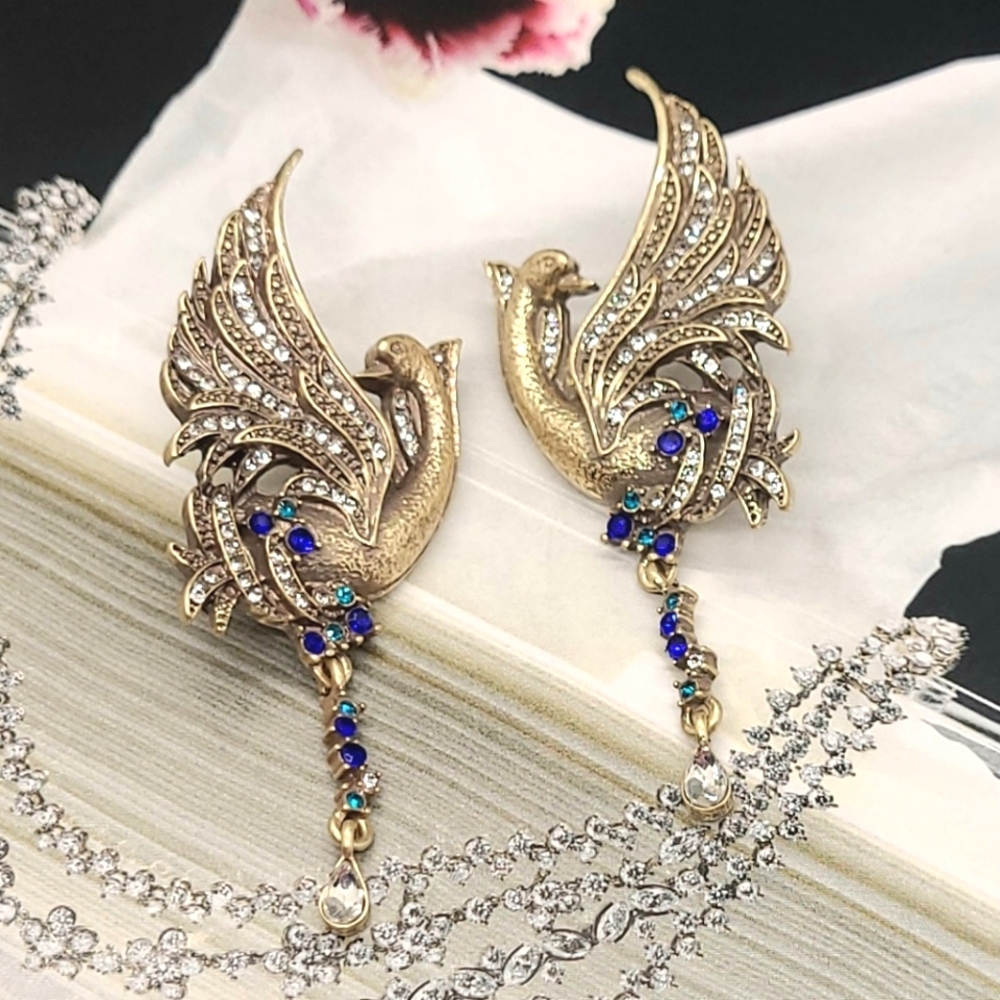 Vintage Estate Crystal Encrusted Palace Swan Gold Earrings